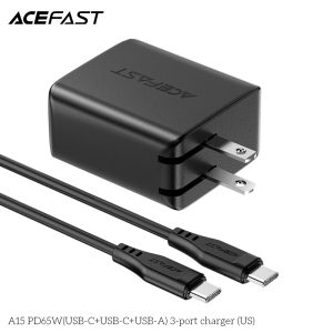 Acefast PD 65W GaN Fast Charge Wall Charger A15 - USB-C + USB-C + USB-A 3-port charger Black with FREE 1 USB C to USB C Cable - US Plug - Image 3