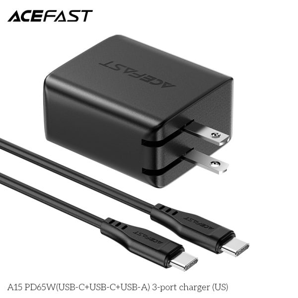 A15-PD65W(USB-C+USB-C+USB-A)-3-port-charger-(US)4 Acefast PD 65W GaN Fast Charge Wall Charger A15 - USB-C + USB-C + USB-A 3-port charger Black with FREE 1 USB C to USB C Cable - US Plug - Image 3