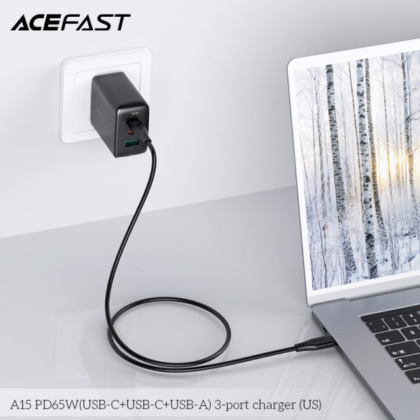 A15-PD65W(USB-C+USB-C+USB-A)-3-port-charger-(US)6 Acefast PD 65W GaN Fast Charge Wall Charger A15 - USB-C + USB-C + USB-A 3-port charger Black with FREE 1 USB C to USB C Cable - US Plug - Image 2