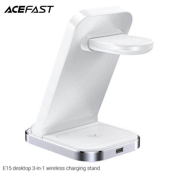 E15-角度2 Acefast Desktop 3 in 1 Wireless Charger & Stand - E15 - White - Image 4