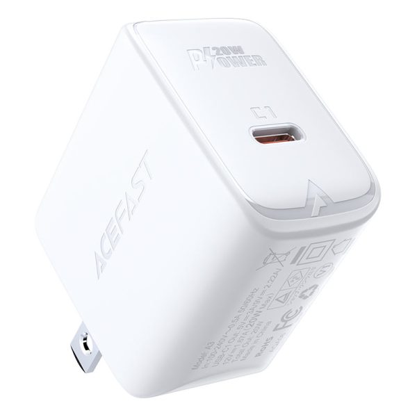 acefast-a3-pd20w-wall-charger-sku-white Acefast PD 3.0 20W Fast Charger Wall A3 Single USB-C White - US Plug - Image 1