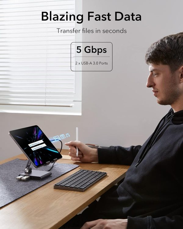 ESR 8 in 1 Portable Stand Hub USB C Hub with Adjustable Stand 100W PD Charging 2 USB 3.0 Ports 4K HDMI 3.5-mm Jack SD/microSD Card Slots Compatible with iPad 10 iPad Pro and Other USB-C iPads - BIS - Image 6