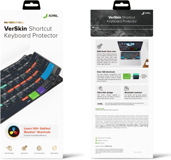 71VAEOS+LuL._AC_SL1500_ MacBook Air 15″ M3 / M2 / Air 13″ M3 / M2 / MacBook Pro 14″ M3, M2, M1 / MacBook Pro 16″ M3, M2, M1 Verskin Davinci Resolve Shortcut TPU Keyboard Protector by JCPAL - Transparent Black - JCP2667 - Image 2