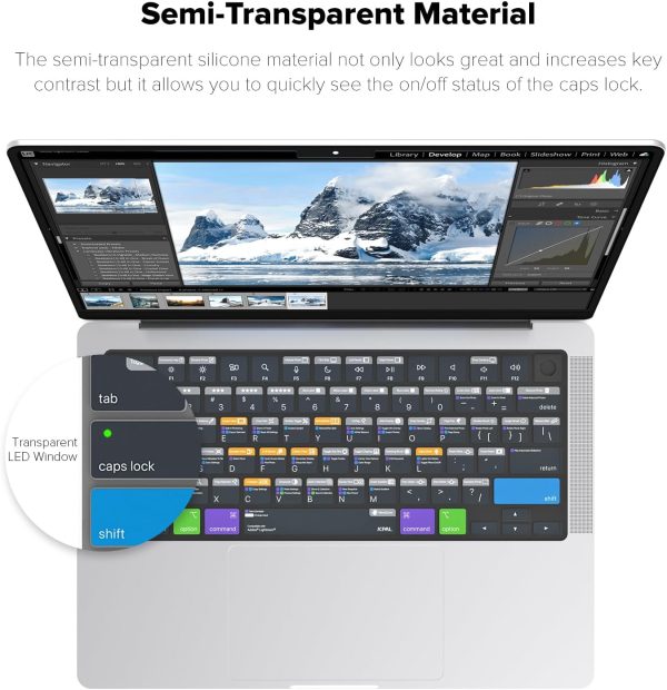 71ewQA7kG7L._AC_SL1500_ MacBook Air 15″ M2 / Air 13″ M2 / MacBook Pro 14″ M2, M1 / MacBook Pro 16″ M2, M1 VerSkin Adobe Lightroom Shortcut TPU Keyboard Protector by JCPAL - US-Layout - JCP2604 - Image 5