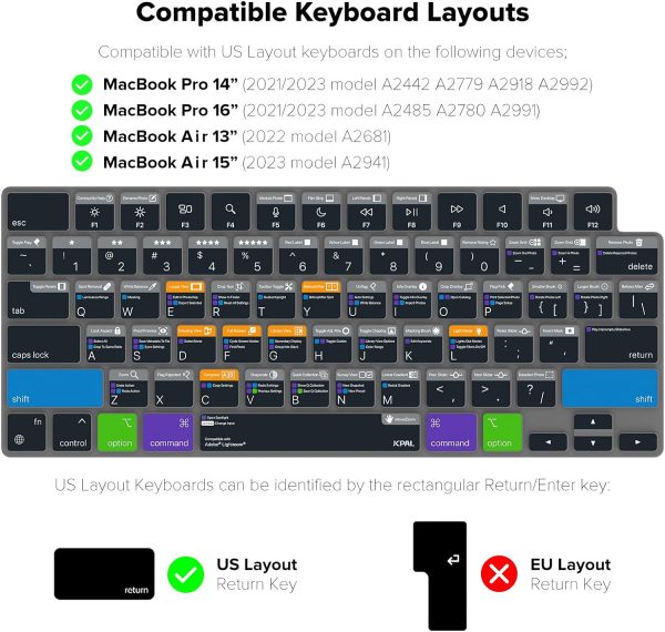 71wm18ucL-L._AC_SL1500_ MacBook Air 15″ M2 / Air 13″ M2 / MacBook Pro 14″ M2, M1 / MacBook Pro 16″ M2, M1 VerSkin Adobe Lightroom Shortcut TPU Keyboard Protector by JCPAL - US-Layout - JCP2604 - Image 4
