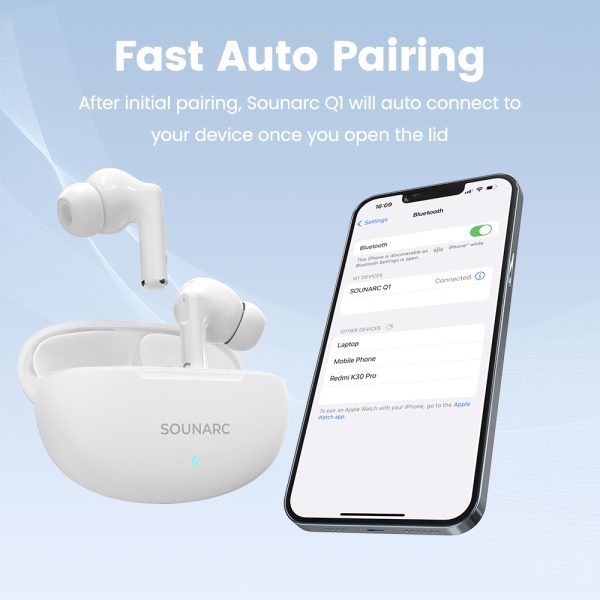 Sounarc Q1 Earbuds Wireless Bluetooth Earphone, 28 Hours of Playtime, Ergonomic Fit, Shaking Bass. Clear Call, Touch Control - White - Image 6