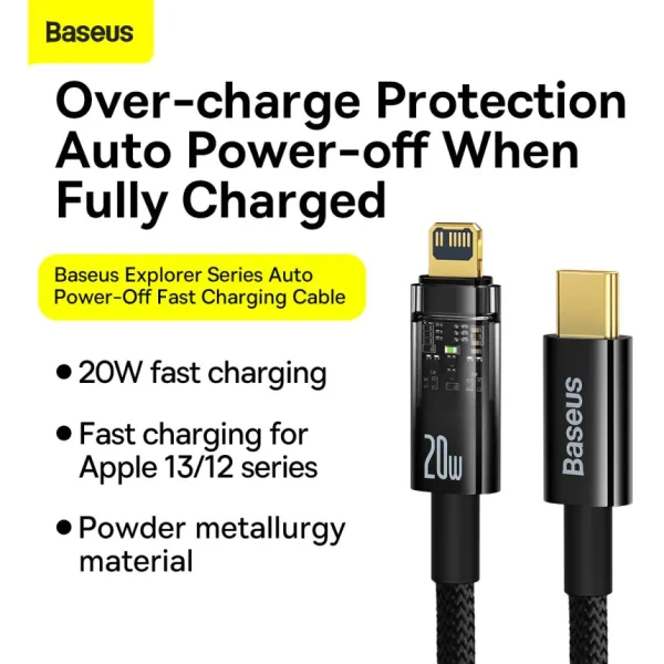 Baseus Explorer Auto Power Off Fast Charging Cable Type C to Iphone 20W 2M - Black - Image 4