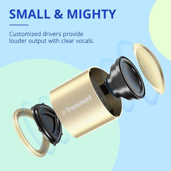 Tronsmart Nimo Portable Bluetooth Speaker Super-Compact Design Metal Craft Mini Speaker with Lanyard IPX7 Waterproof for Shower Travel 12 Hours Battery Stereo Pairing Hands-Free Call - Gold - BB - Image 7