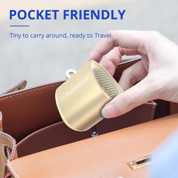 Tronsmart Nimo Portable Bluetooth Speaker Super-Compact Design Metal Craft Mini Speaker with Lanyard IPX7 Waterproof for Shower Travel 12 Hours Battery Stereo Pairing Hands-Free Call - Gold - BB - Image 6