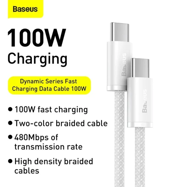 BASEUS-Dynamic-Series-100W-1m-Fast-Charging-Data-Cable-Type-C-to-Type-C Baseus Dynamic Series Fast Charging Data Cable Type-C to Type-C 100W 2M - White - Image 1
