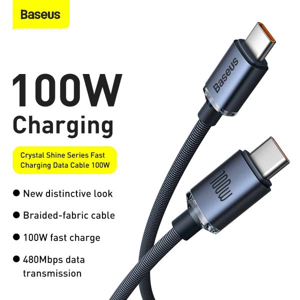 Baseus Crystal Shine Series Fast Charging Data Cable Type-C to Type-C 100W 1.2M - Black - Image 2