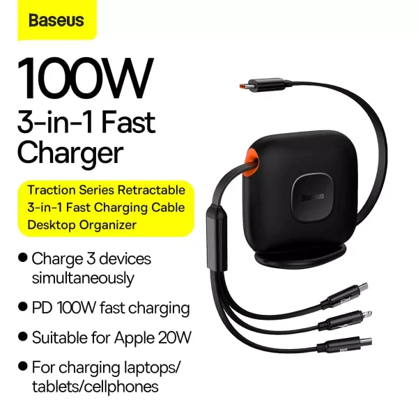 Baseus Traction Retractable 3 in 1 Cable Desktop Orgranizer Type C to M+L+C 100W 1.7M - Black - Image 7