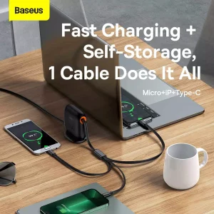 Baseus Traction Retractable 3 in 1 Cable Desktop Orgranizer Type C to M+L+C 100W 1.7M - Black - Image 6