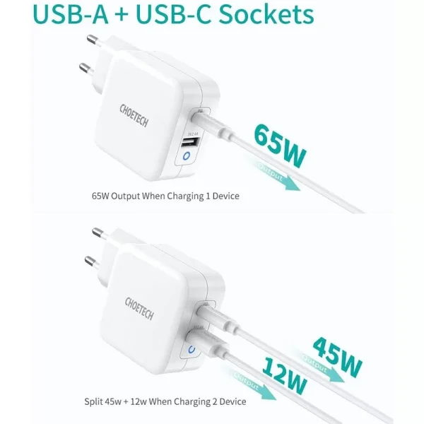Choetech 65W 2-Port PD Charger GaN Tech USB C Foldable Fast Charging Adapter - EU Plug - White - PD8002 - GC - Image 5