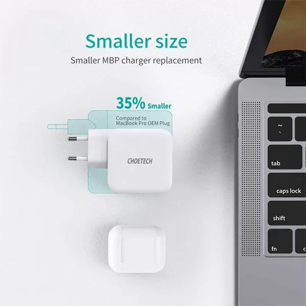 Choetech 65W 2-Port PD Charger GaN Tech USB C Foldable Fast Charging Adapter - EU Plug - White - PD8002 - GC - Image 6