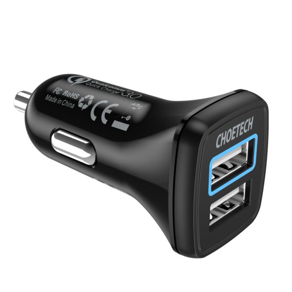 CHOETECH QC 3.0 Dual USB-A ports 36W Car Charger - Black - C0051 - GC - Image 1