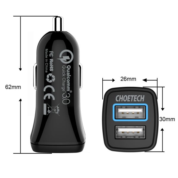 CHOETECH QC 3.0 Dual USB-A ports 36W Car Charger - Black - C0051 - GC - Image 4