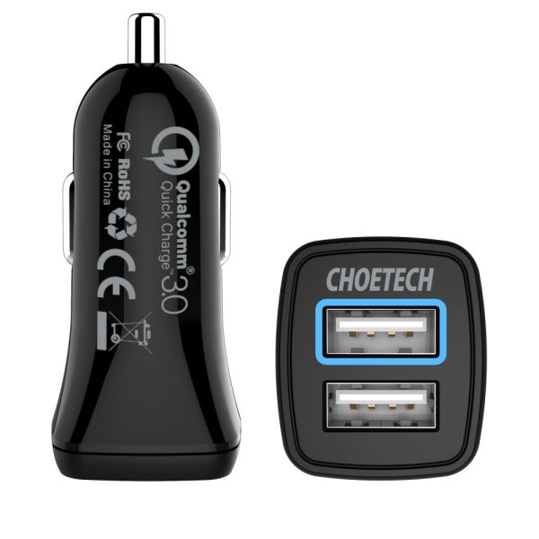 CHOETECH QC 3.0 Dual USB-A ports 36W Car Charger - Black - C0051 - GC - Image 7