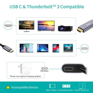Choetech USB Type C To HDMI Cable With 60W Power Delivery Charging Port Adapter 6FT 4K - Grey - XCH-M180 - GC - Image 5