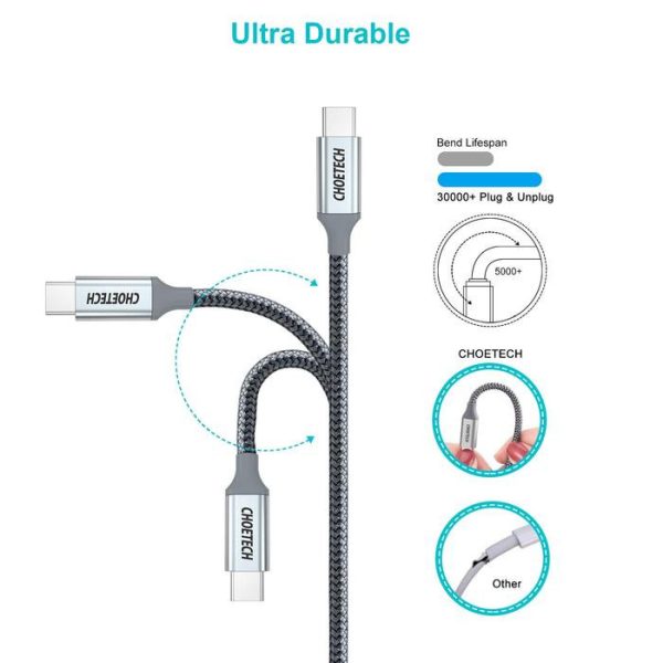 CHOETECH 100W USB Type C Braided Fast Charging Cable 6.6FT /1.8M - Grey - XCC-1002 - GC - Image 4