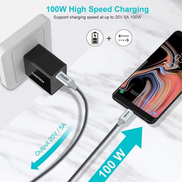 CHOETECH 100W USB Type C Braided Fast Charging Cable 6.6FT /1.8M - Grey - XCC-1002 - GC - Image 3