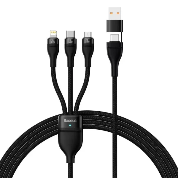 baseus-flash-series-ii-two-for-three-4-in-1-dual-input-usb-a-and-type-c-to-microusb-18w-type-c-100w-lightning-20w-1-2m-fast-charging-braided-cable-with-cable-strap-101352-1-800x800 Baseus Flash Series II Two for Three Charging Cable U+C to M+L+C 100W 1.2M - Black - Image 1