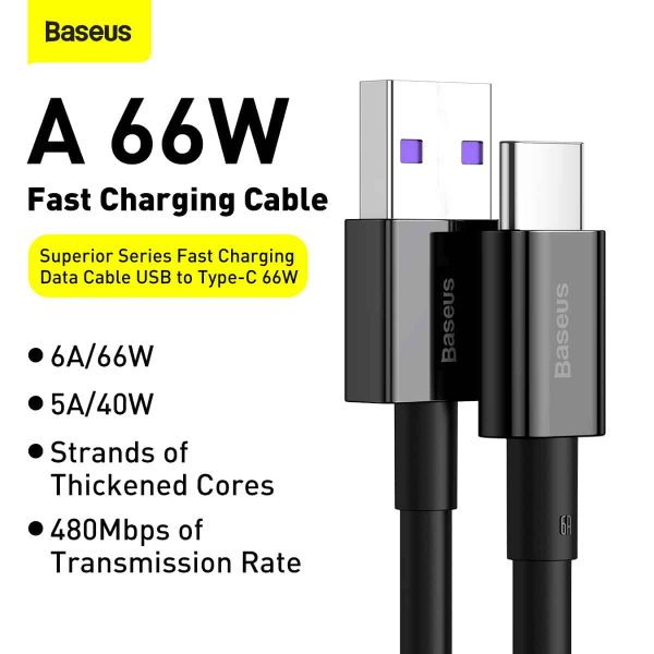 Baseus Superior Series Fast Charging Data Cable USB to Type-C 66W 1M - Black - Image 2