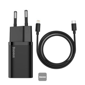 Baseus Super Si Quick Charger 1C 20W EU With Type-C to iPhone Cable 1M - Black