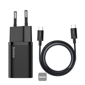 Baseus Super Si Quick Charger 1C 25W EU With  Type C to Type C Cable - Black