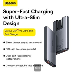Baseus GaN5 Pro Ultra-Slim Fast Charger C+U 65W CN With Type C to Type C Cable - Gray - Image 7