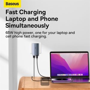 Baseus GaN5 Pro Ultra-Slim Fast Charger C+U 65W CN With Type C to Type C Cable - Gray - Image 4