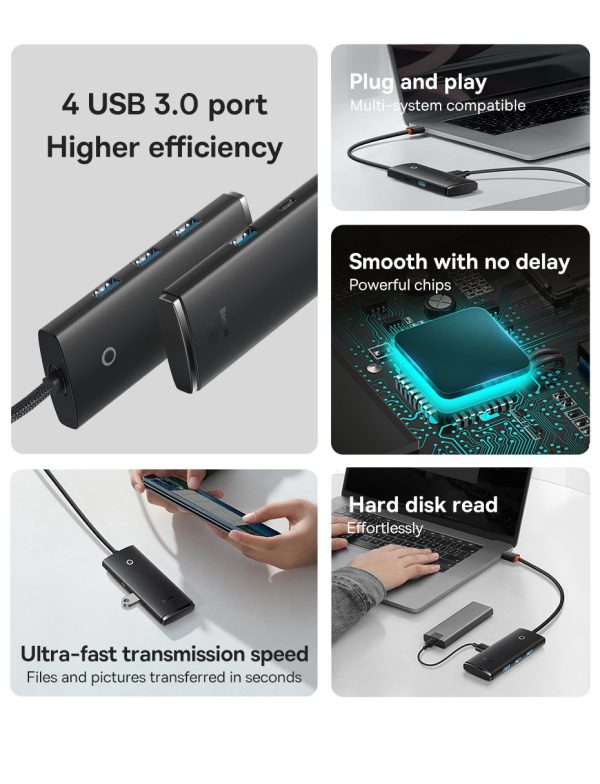 619900116-2 Baseus Lite Type C to 4-Port USB3.0 Hub 1M - Black - Image 3