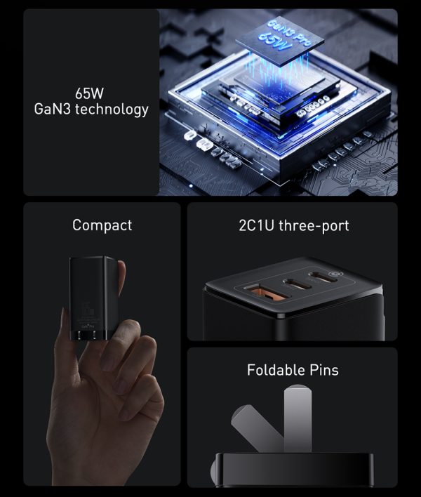 Baseus GaN3 Pro 65W Fast Charger 2C+U CN With Dynamic Series Type C to Type C 100W Cable 1M - Black - Image 8