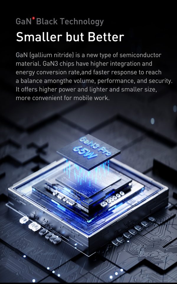 Baseus GaN3 Pro 65W Fast Charger 2C+U CN With Dynamic Series Type C to Type C 100W Cable 1M - Black - Image 5