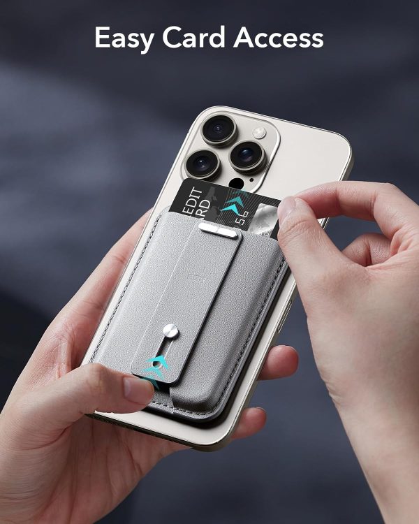 ESR Magnetic Wallet, Compatible with MagSafe Wallet, for iPhone Wallet with Secure-Grip Finger Loop, for iPhone 15/14/13/12 Series, Not for 13/12 Mini, 3-Card Holder, Vegan Leather - Light Gray - Image 3