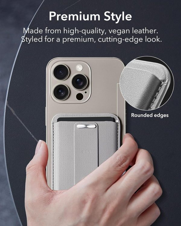 ESR Magnetic Wallet, Compatible with MagSafe Wallet, for iPhone Wallet with Secure-Grip Finger Loop, for iPhone 15/14/13/12 Series, Not for 13/12 Mini, 3-Card Holder, Vegan Leather - Light Gray - Image 4