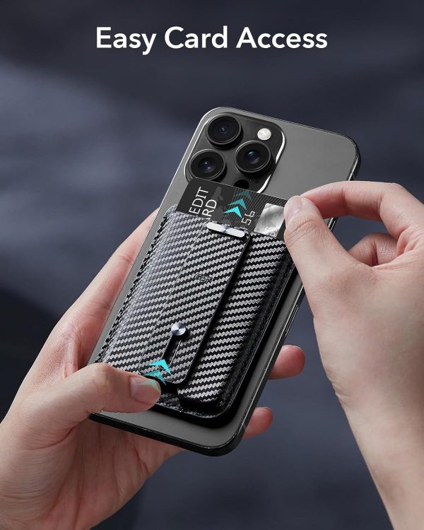 ESR Magnetic Wallet, Compatible with MagSafe Wallet, for iPhone Wallet with Secure-Grip Finger Loop, for iPhone 15/14/13/12 Series, Not for 13/12 Mini, 3-Card Holder, Vegan Leather - Carbon Fiber - Image 7