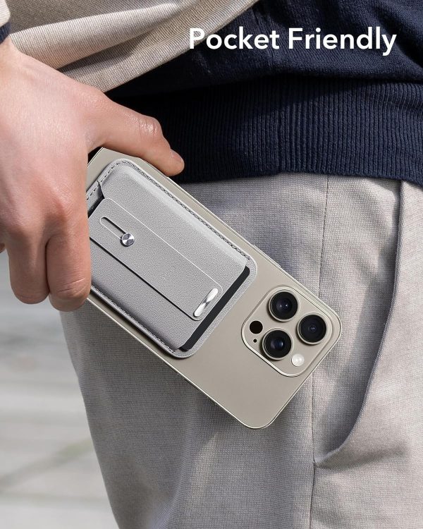 ESR Magnetic Wallet, Compatible with MagSafe Wallet, for iPhone Wallet with Secure-Grip Finger Loop, for iPhone 15/14/13/12 Series, Not for 13/12 Mini, 3-Card Holder, Vegan Leather - Light Gray - Image 9