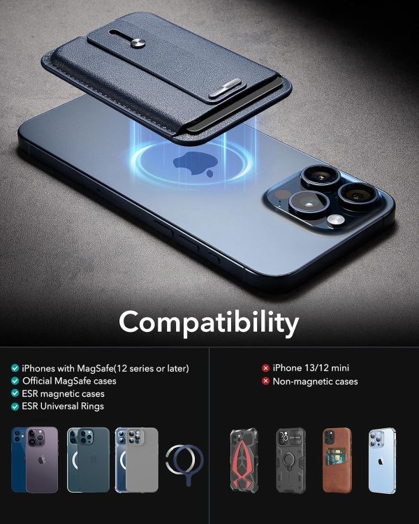 ESR Magnetic Wallet, Compatible with MagSafe Wallet, for iPhone Wallet with Secure-Grip Finger Loop, for iPhone 15/14/13/12 Series, Not for 13/12 Mini, 3-Card Holder, Vegan Leather - Dark Blue - Image 9