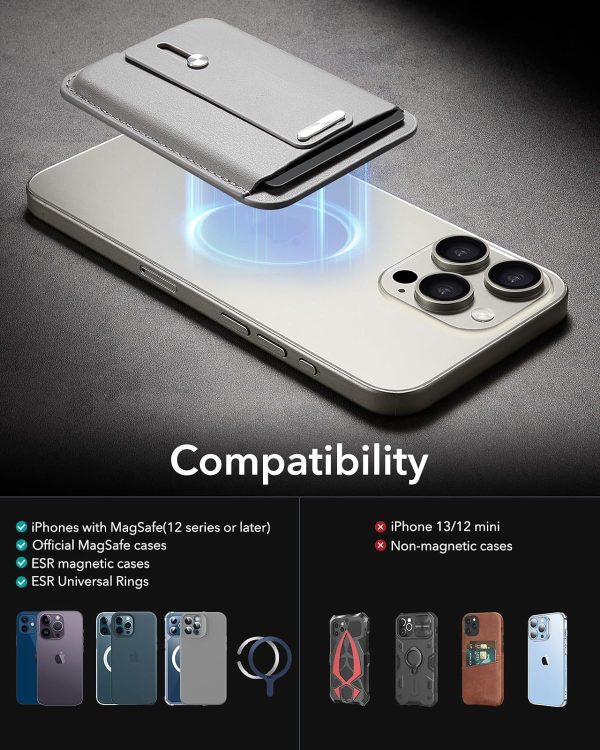 ESR Magnetic Wallet, Compatible with MagSafe Wallet, for iPhone Wallet with Secure-Grip Finger Loop, for iPhone 15/14/13/12 Series, Not for 13/12 Mini, 3-Card Holder, Vegan Leather - Light Gray - Image 7