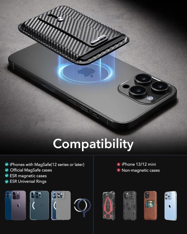 ESR Magnetic Wallet, Compatible with MagSafe Wallet, for iPhone Wallet with Secure-Grip Finger Loop, for iPhone 15/14/13/12 Series, Not for 13/12 Mini, 3-Card Holder, Vegan Leather - Carbon Fiber - Image 3