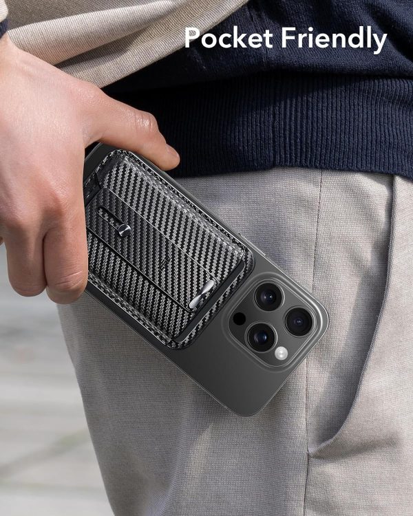 ESR Magnetic Wallet, Compatible with MagSafe Wallet, for iPhone Wallet with Secure-Grip Finger Loop, for iPhone 15/14/13/12 Series, Not for 13/12 Mini, 3-Card Holder, Vegan Leather - Carbon Fiber - Image 6