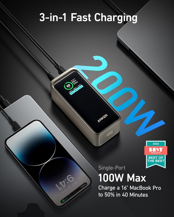 Anker Prime Power bank 200w 20,000 mAh Smart Digital Display 2 USB-C and 1 USB-A Port - Gold - A13360B1 - OP - Image 6