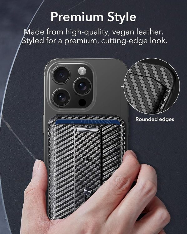 ESR Magnetic Wallet, Compatible with MagSafe Wallet, for iPhone Wallet with Secure-Grip Finger Loop, for iPhone 15/14/13/12 Series, Not for 13/12 Mini, 3-Card Holder, Vegan Leather - Carbon Fiber - Image 4