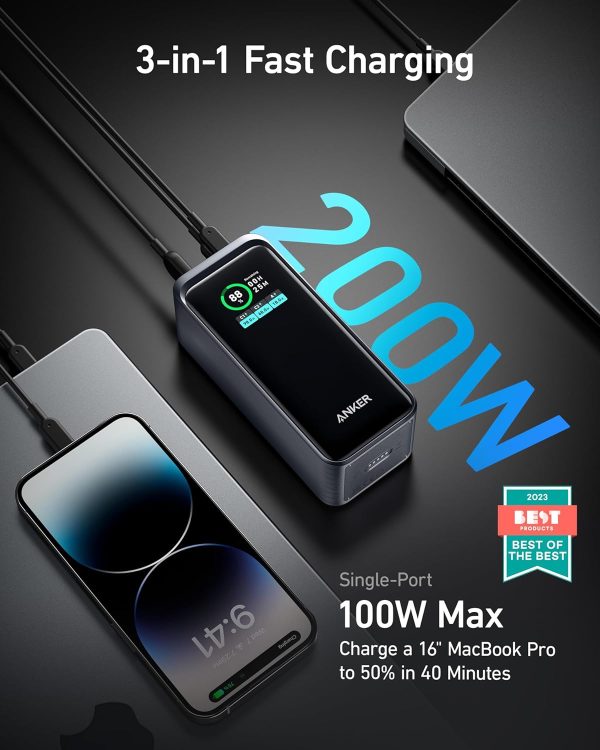 Anker Prime Powerbank 200w 20,000mah Smart Digital Display 2 USB-C and 1 USB-A Port Compatible with iPhone 15/14/13 Series Samsung MacBook Dell and More - Black - OP - Image 6