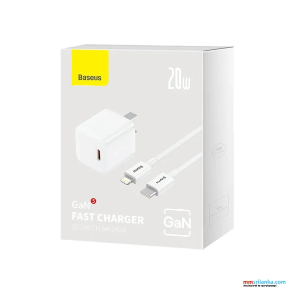 Baseus GaN5 Fast Charger 1C 20W CN Set Mini With Type C to Iphone Cable 1M - White - Image 2