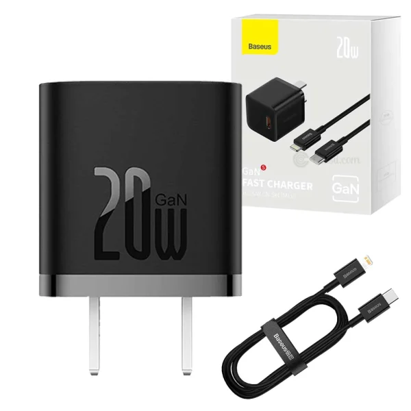 Baseus GaN5 Fast Charger 1C 20W CN Set Mini With Type C to Iphone Cable 1M - Black - Image 2