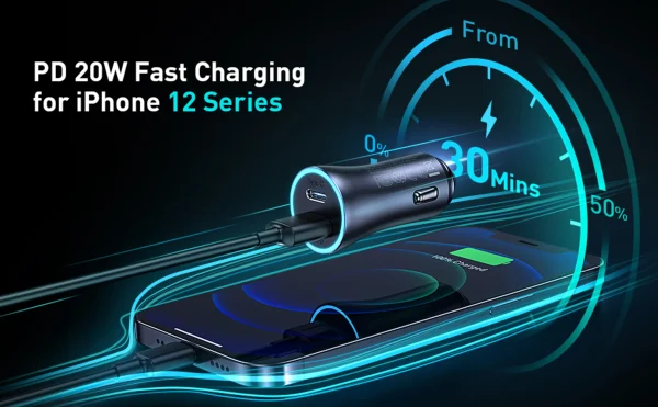 CCJD-0G_CCJD-03_Baseus_USB-A_USB-C_Car_Charger_40W_1_2048x2048 Baseus Metal 40W TypeC+USB Quick Charging Car Charger With Type C Cable - Black - Image 5