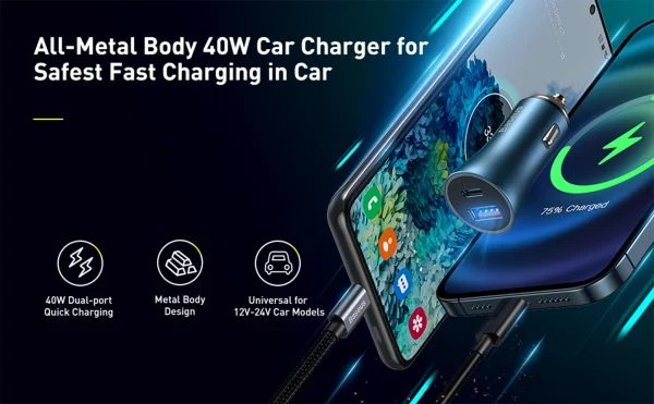 CCJD-0G_CCJD-03_Baseus_USB-A_USB-C_Car_Charger_40W_6_2048x2048 Baseus Metal 40W TypeC+USB Quick Charging Car Charger With Type C Cable - Black - Image 6