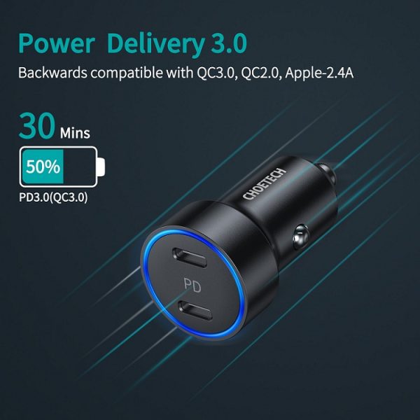 Choetech QC 3.0 Dual USB-A Ports 40W Car Charger - Black - C0054 - GC - Image 8